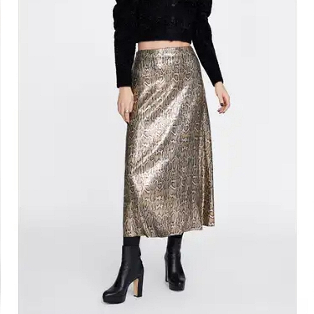 Zara Knit Sequin Snake Print A-Line Midi Skirt Si… - image 2